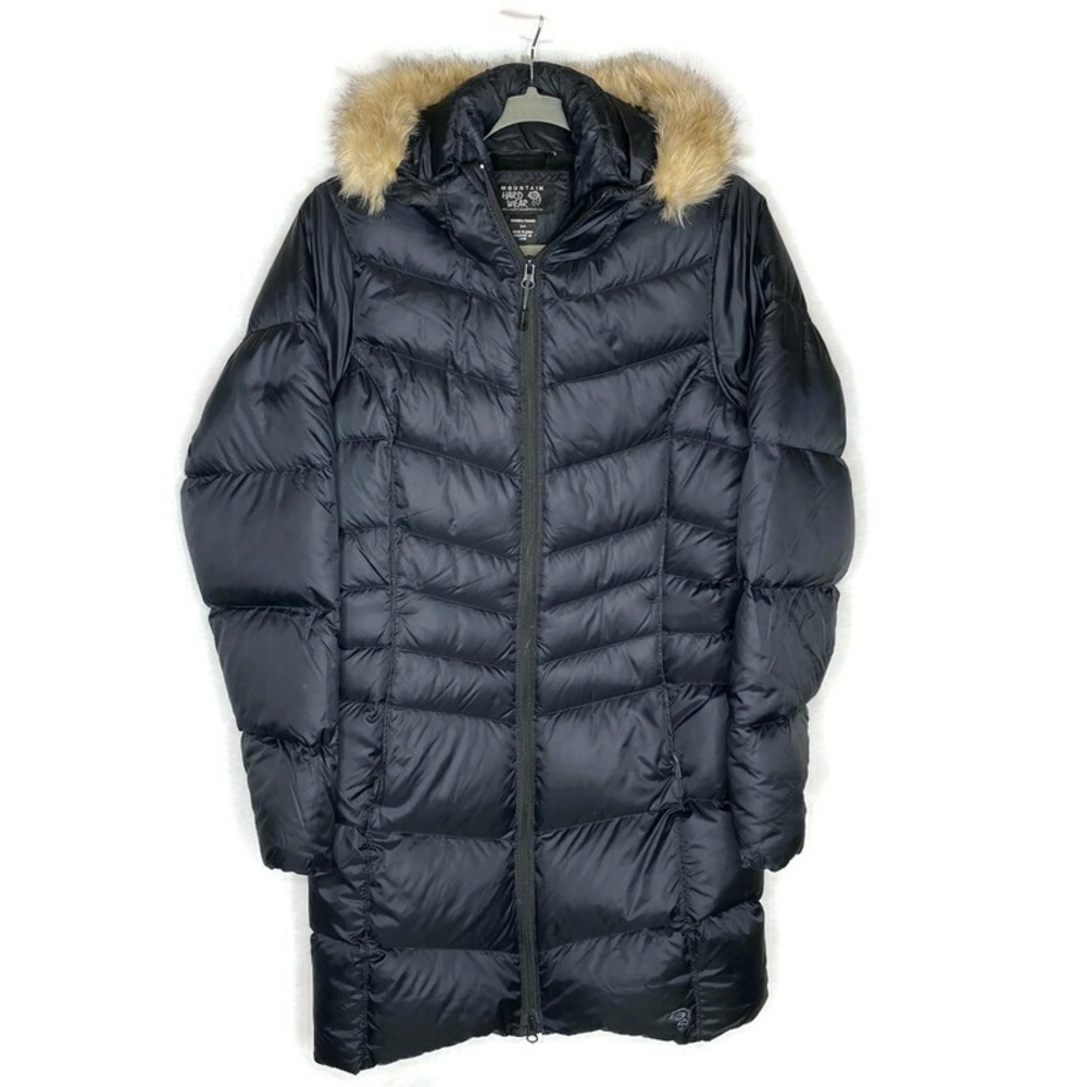 Mountain Hardwear Womens Small Down Trench Coat Fur Hood Black Puffer.